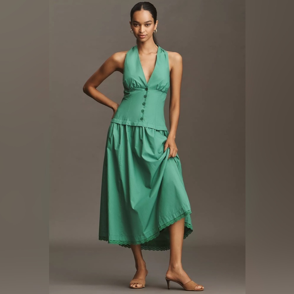 NWT! Anthropologie Maeve Halter V-Neck Drop-Waist Midi Dress 🍊 🎡 🪀